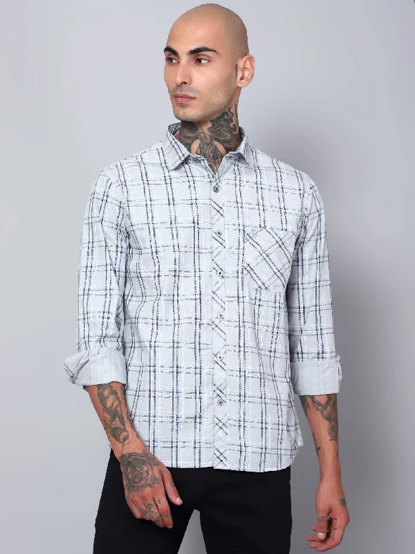 Weekend Offers That Excite Men's Light Grey Casual Medium Checks Full Sleeve Shirt