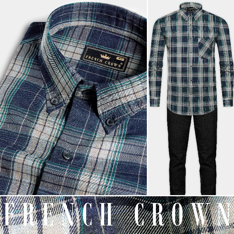 Weekend Deals That Dazzle Ebony Clay Blue and Jour Cream Green Twill Plaid Premium Cotton Shirt