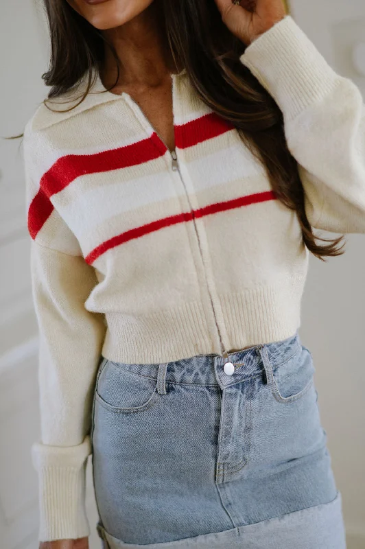 Act Fast Venny Cropped Cardigan-Cream/Red