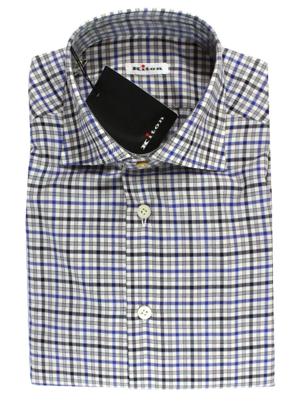 Hurry In Kiton Dress Shirt White Royal Blue Black Check 40 - 15 3/4