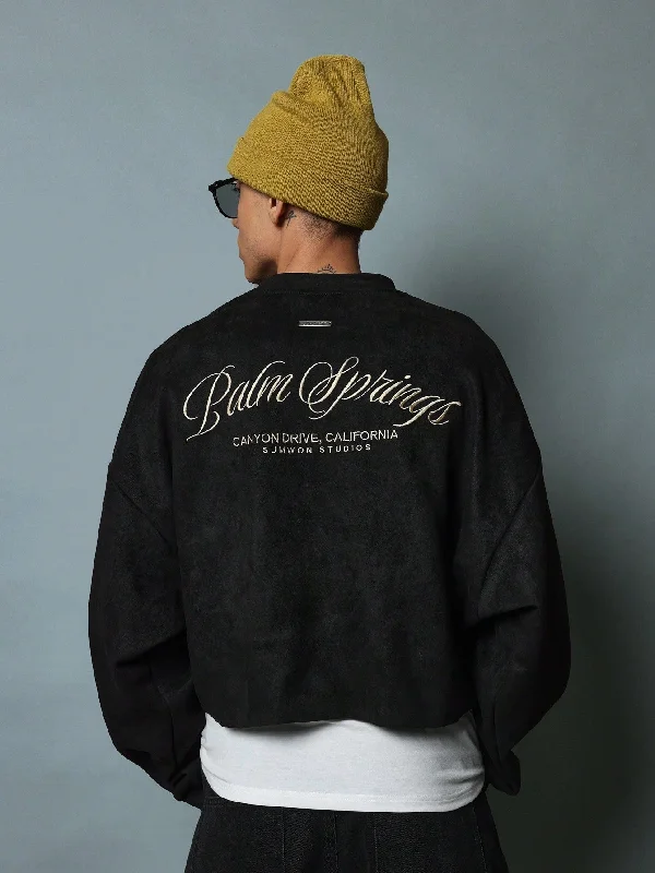 Midnight Sale Crop Fit Suedette Sweatshirt With Script Embroidery Pattern