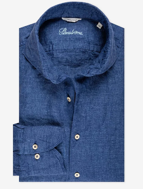 Lowest Price Navy Linen Fitted Body Shirt