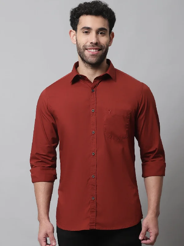Today's Deal Men's Rust Casual Plain Stretch Full Sleeve Shirt