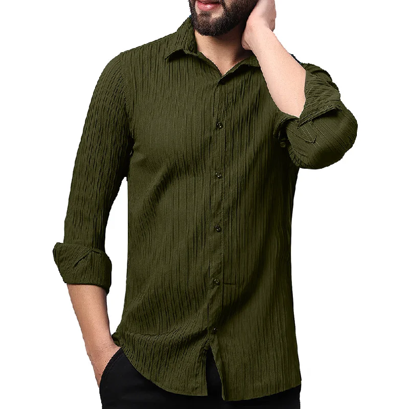 Fantastic Offers Crushed Self Stripe Olive Green Shirt