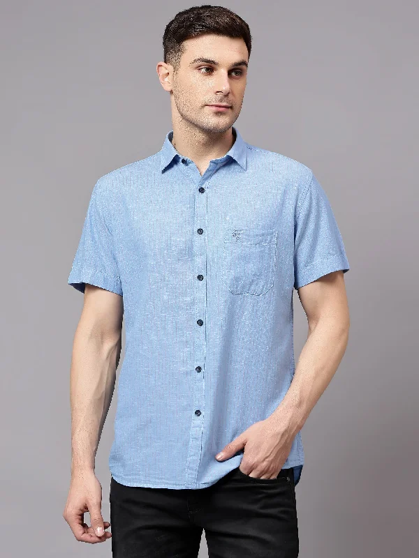 Don't Miss Men's Blue Casual Thin Stripe Half sleeve Shirt