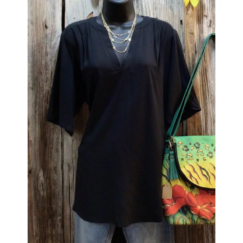 Flash Deal Woven Split Neck Short Sleeve Top, Black