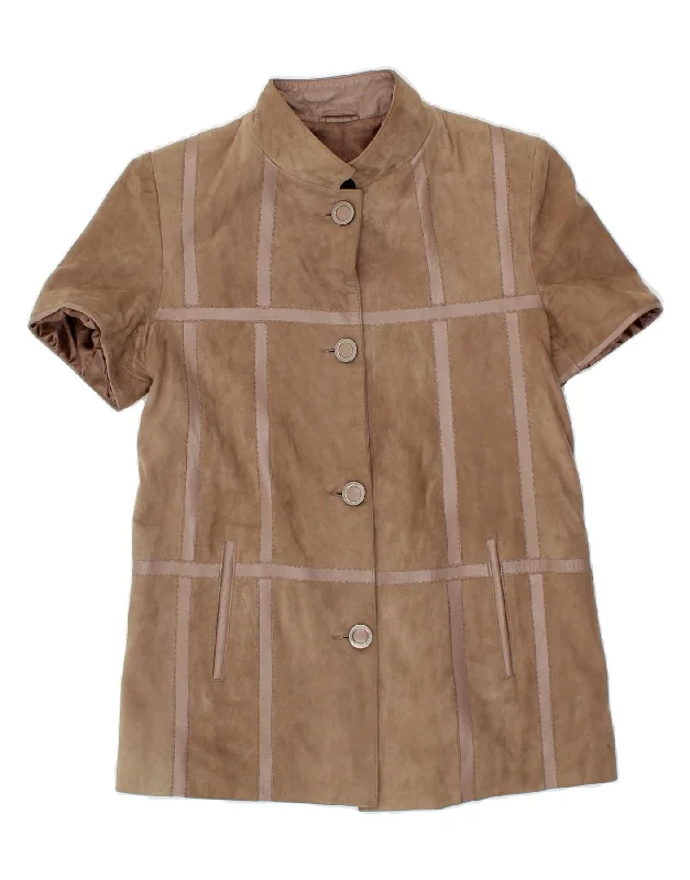 Bonus Savings VINTAGE Womens Short Sleeve Suede Jacket UK 12 Medium Brown Check Leather