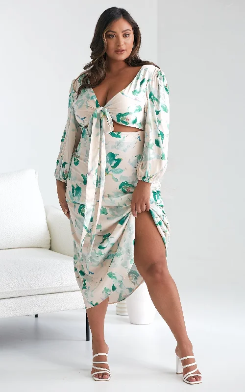 Can't Resist Roza Long Sleeve Maxi Dress - Beige Green Print