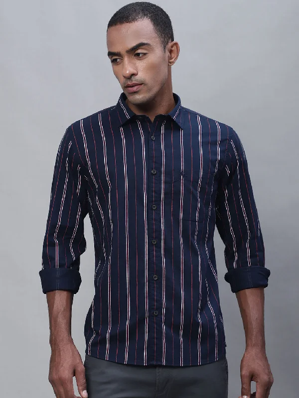 New Markdowns Men's Navy Blue Casual Narrow Stripe Full Sleeve Shirt