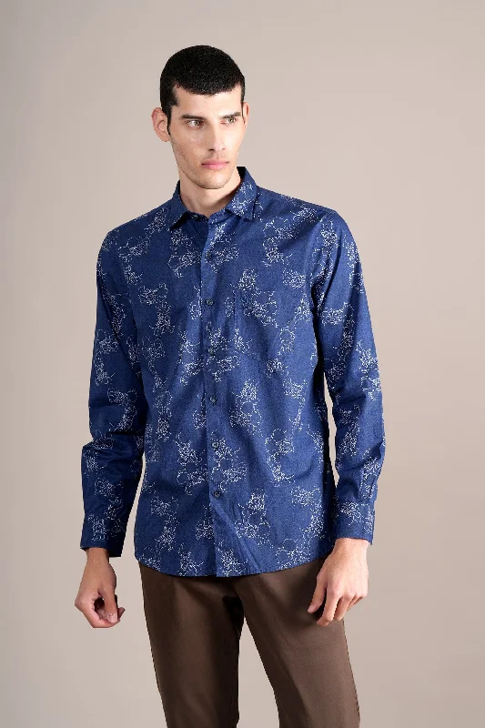 Factory Direct Sale Men's Navy Printed Full Sleeves Casual Shirt