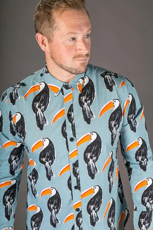Don't Wait Toucan Bird Blue Print Cotton Slim Fit Mens Shirt Long Sleeve