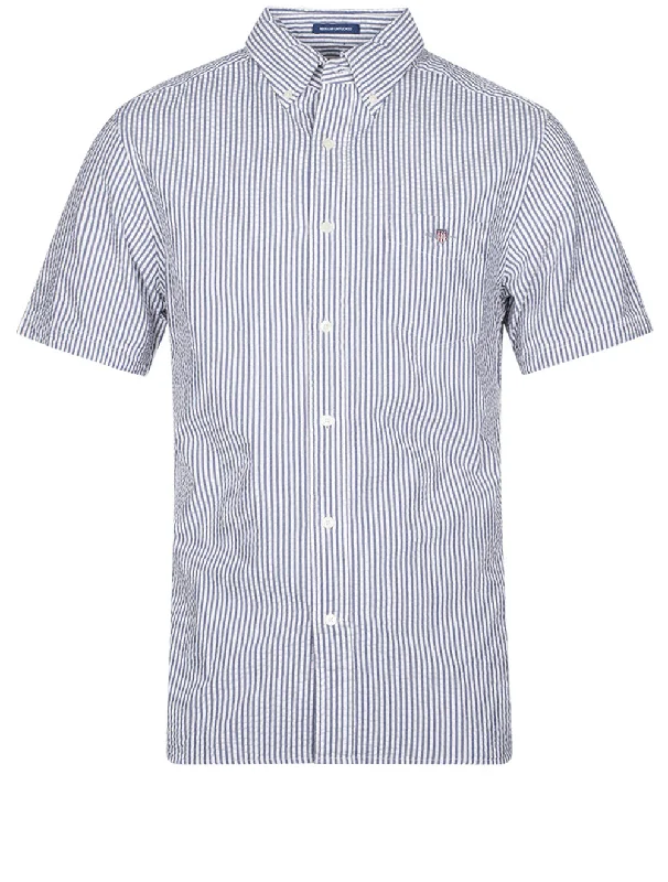 Price Reduction Regular Seersucker Short Sleeve Shirt Evening Blue