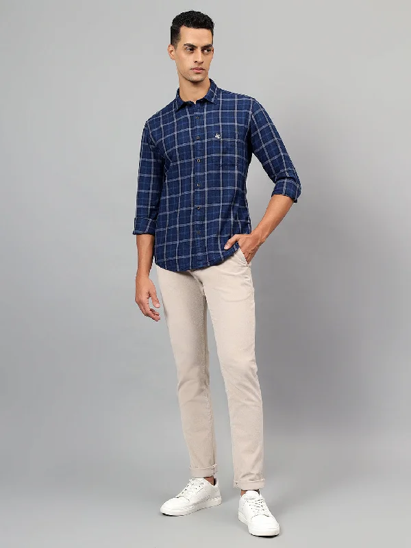 Closeout Men's Navy Blue Checked Full Sleeves Casual Shirt