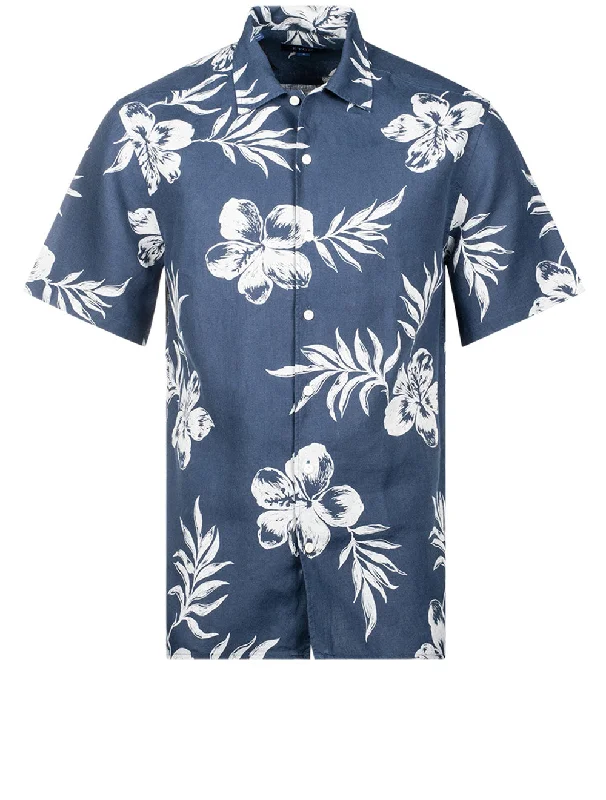 Deal of the Day Contemporary Fit Short Sleeve Linen Floral Shirt Navy