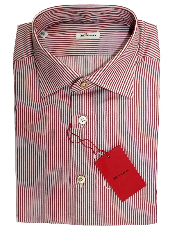 Great Deals Kiton Shirt White Maroon Stripes Moderate Spread Collar 42 - 16 1/2