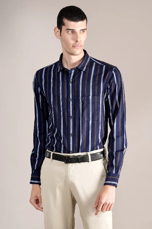 Closeout Sale Men's Navy Striped Full Sleeves Casual Shirt
