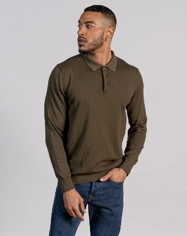 Weekend Deals That Wow ESSENTIAL LONG SLEEVE KNITTED POLO TOP - DARK KHAKI