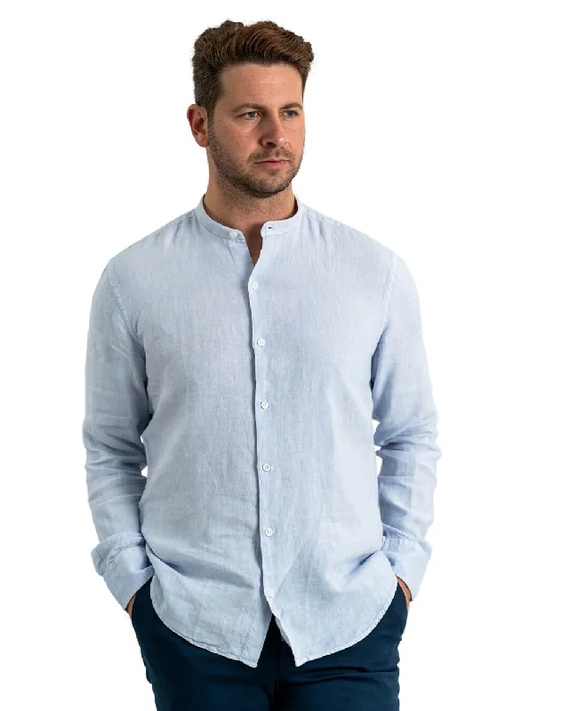 Fantastic Deals Light Blue Slim Fit Linen Grandad Collar Shirt