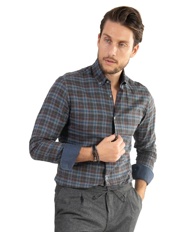Super Deal Grey Check Cotton Flannel Button Down Shirt