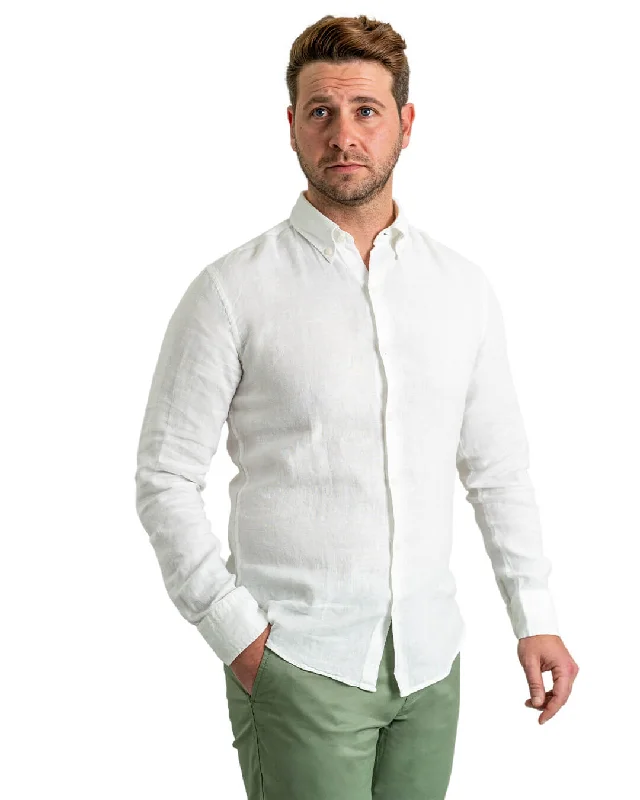 Steal Deal White Slim Fit Linen Button Down Shirt