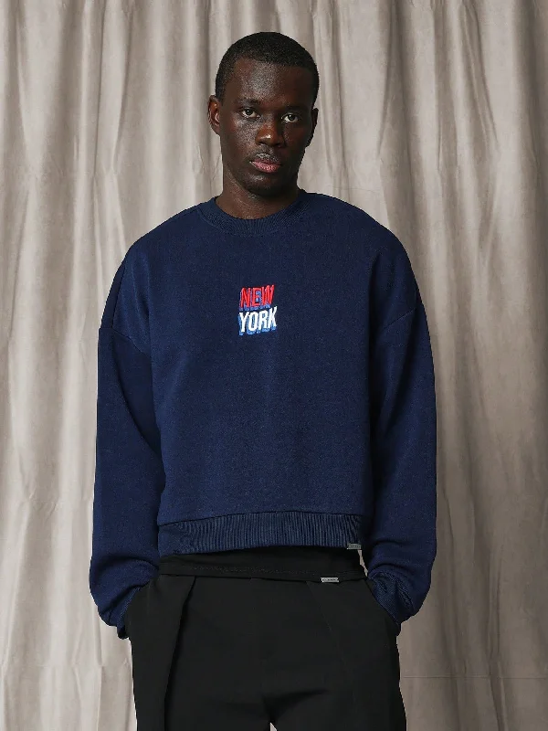 Instant Discount Crop Fit Crew Neck Sweatshirts With New York Embroidered Pattern