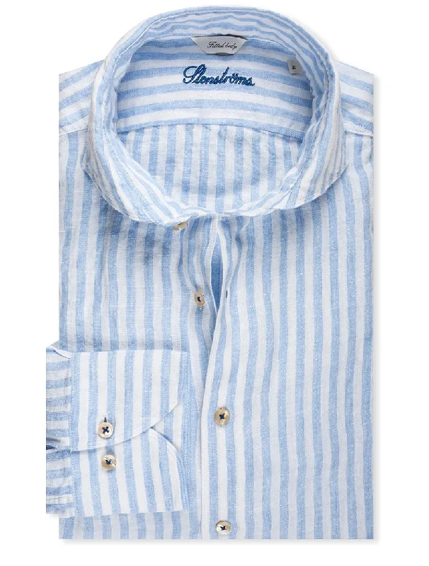 Stock Clearance Fitted Striped Linen Shirt Blue