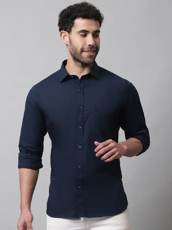Weekend Deal Men's Navy Blue Casual Plain Stretch Full Sleeve Shirt