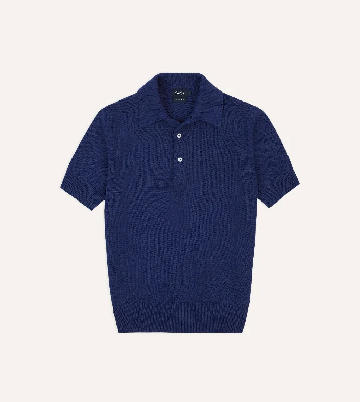 Early Access Blue Knitted Crepe Cotton Short-Sleeve Polo Shirt