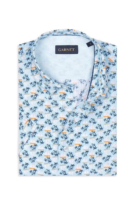 Weekend Bargains to Cherish Palm Print Seersucker Short Sleeve Shirt