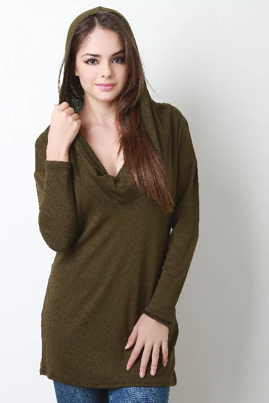 Massive Deals Cowl Hood Ribbed Long Sleeve Top