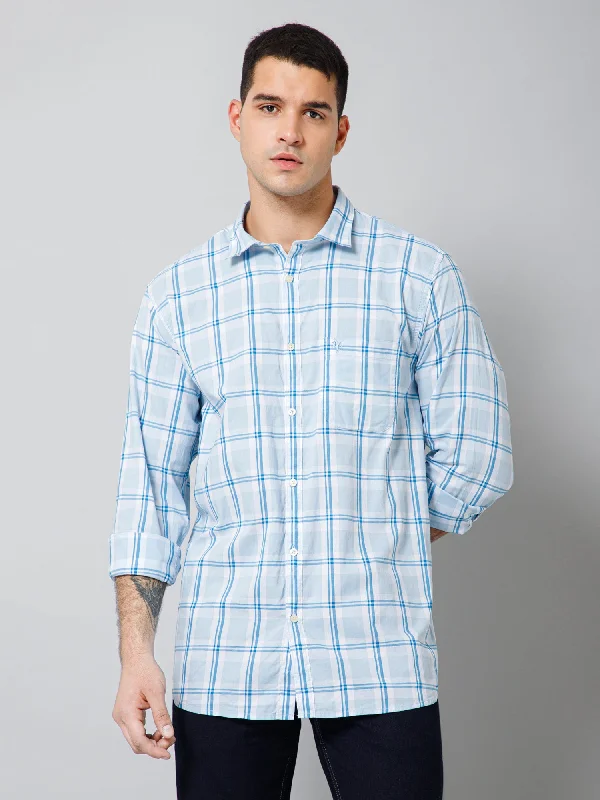 Savings Galore Men's Aqua Blue Casual Big Checks Full Sleeve Shirt