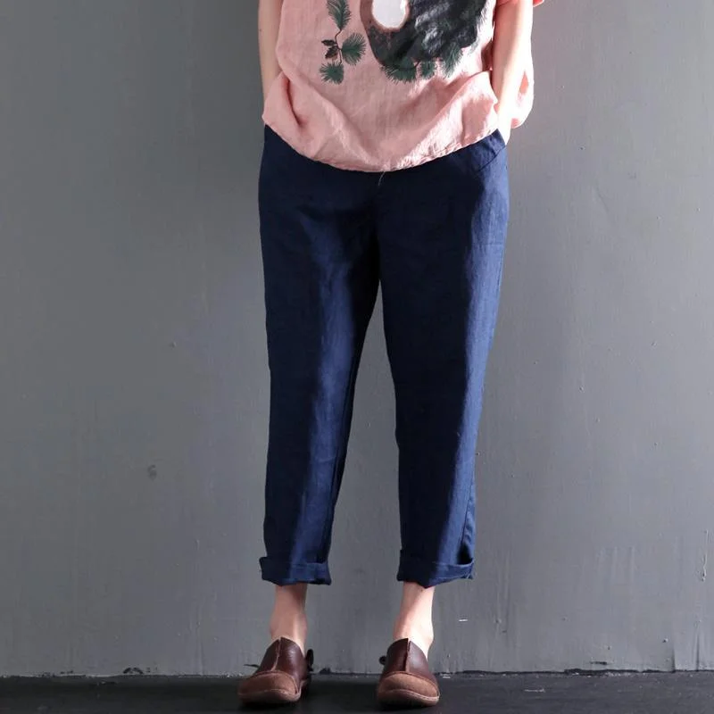 Instant Discount Navy linen summer pants plus size crop pants
