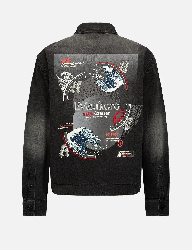 Weekend Offers That Delight The Great Wave and Kamon Embroidery Denim Shirt Jacket