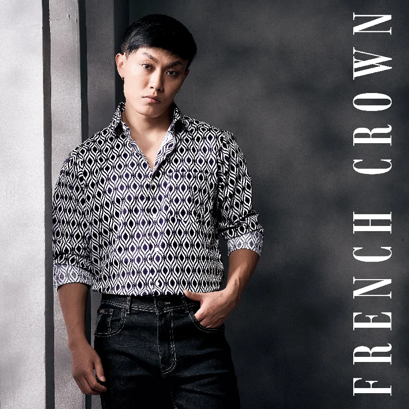 Steal Deal Jade Black And Bright White Hypnotic Printed Subtle Sheen Super Soft Premium Cotton Shirt