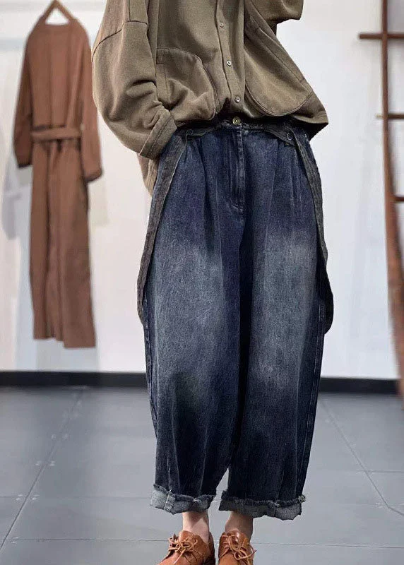 Deep Savings DIY Denim Blue Elastic Waist Pockets Cotton Harem Pants Spring