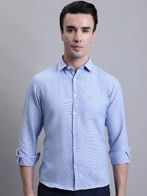 Closeout Deal Men's Sky Blue Casual Plain Full Sleeve Shirt