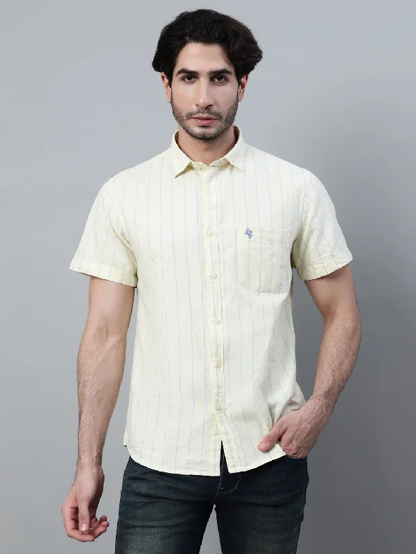 Bargain Bin Men's Yellow Striped Half Sleeve Casual Shirt