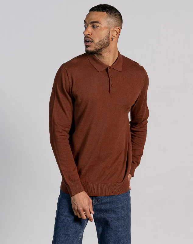 Bonus Savings ESSENTIAL LONG SLEEVE KNITTED POLO TOP - DARK BROWN