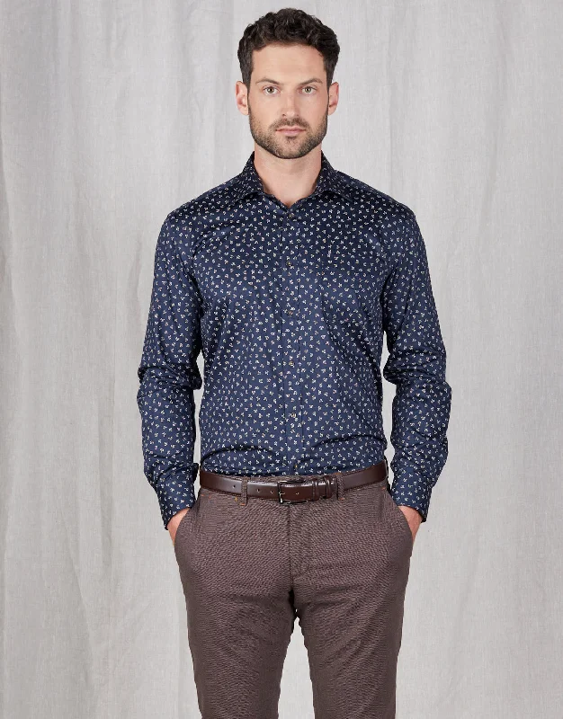 Take Action Sinatra Navy & Yellow Autumn Leaves Print Shirt