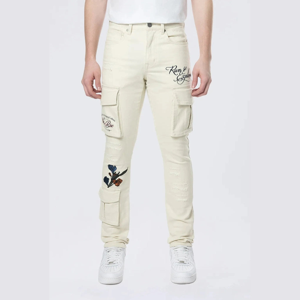 Super Sale Slim Tapered Embroidered Cargo Twill Pants - Ecru