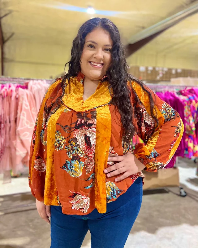 Price Drop "Plus" Copper Velvet & Satin Printed Mixed Peasant Blouse w/ Ruffle Neckline