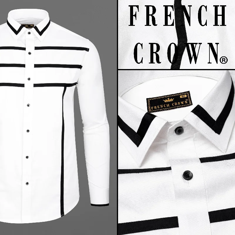 Massive Deal Bright White Subtle Sheen and Black Striped  Super Soft Premium Cotton Designer Shirt