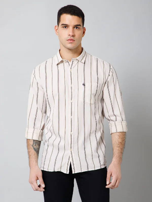 Midnight Madness Men's Beige Casual Broad Stripe Full Sleeve Shirt