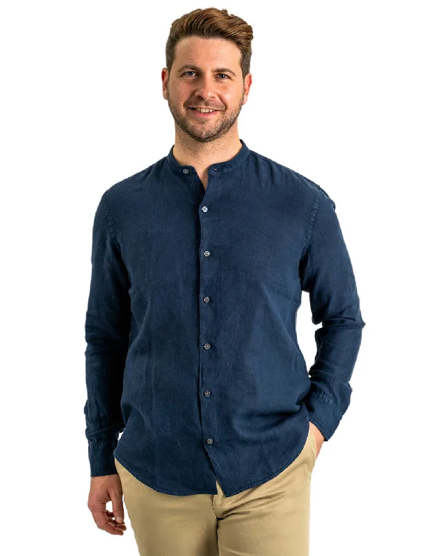 Flash Deals Navy Slim Fit Linen Grandad Collar Shirt