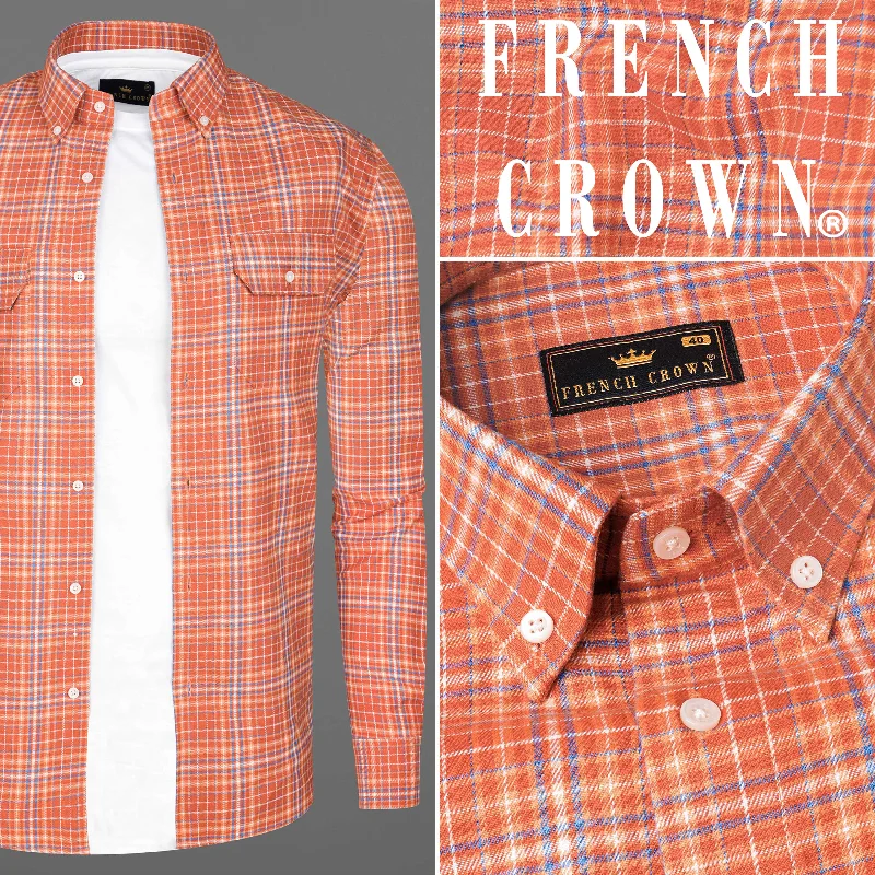 Take Advantage Atomic Tangerine and White Plaid Twill Premium Cotton Overshirt/Shacket