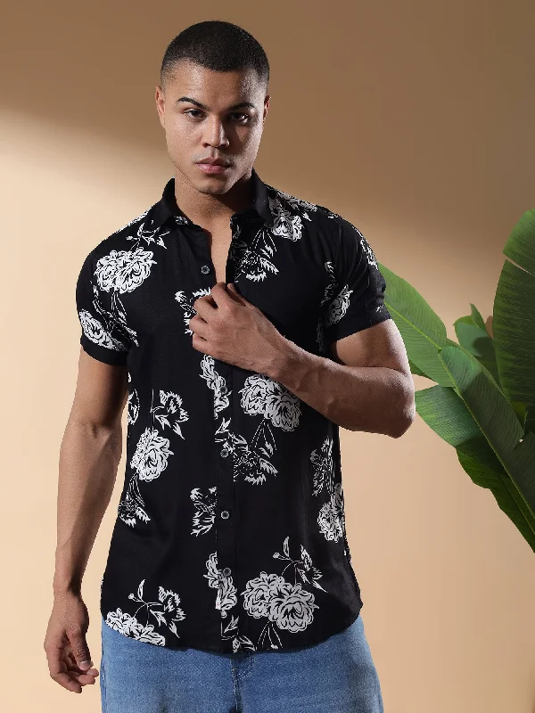 Deal of the Day Black Half Casual Printed Cotton Shirt Regular Fit For Man