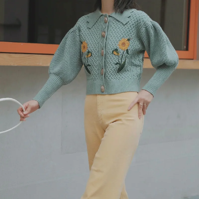 Quick Deals Sunflower Collared Cardigan (Turquoise)
