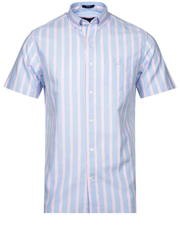 Deep Discounts Regular Fit Stripe Pastel Short Sleeve Oxford Shirt Capri Blue