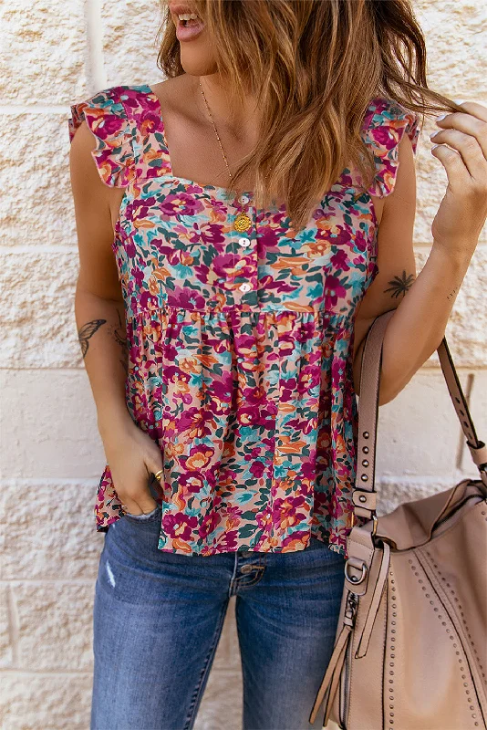 Midnight Madness Floral Buttoned Square Neck Ruffled Tank