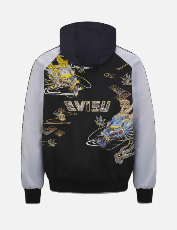 Pay Less Dragon Embroidered Fabric Blocking Padded Souvenir Jacket